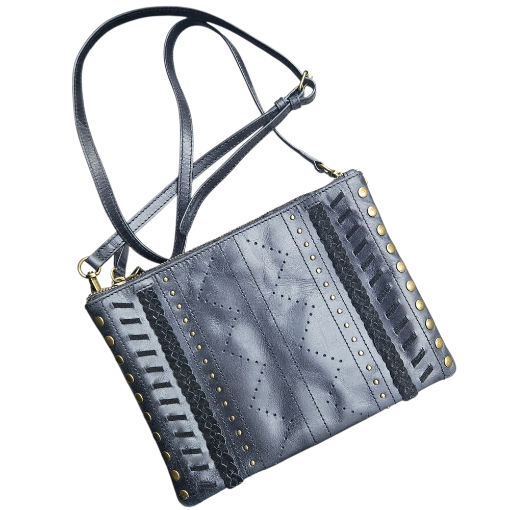 Lucky Brand Black Leather Studded Crossbody Bag with Adjustable Removable Strap